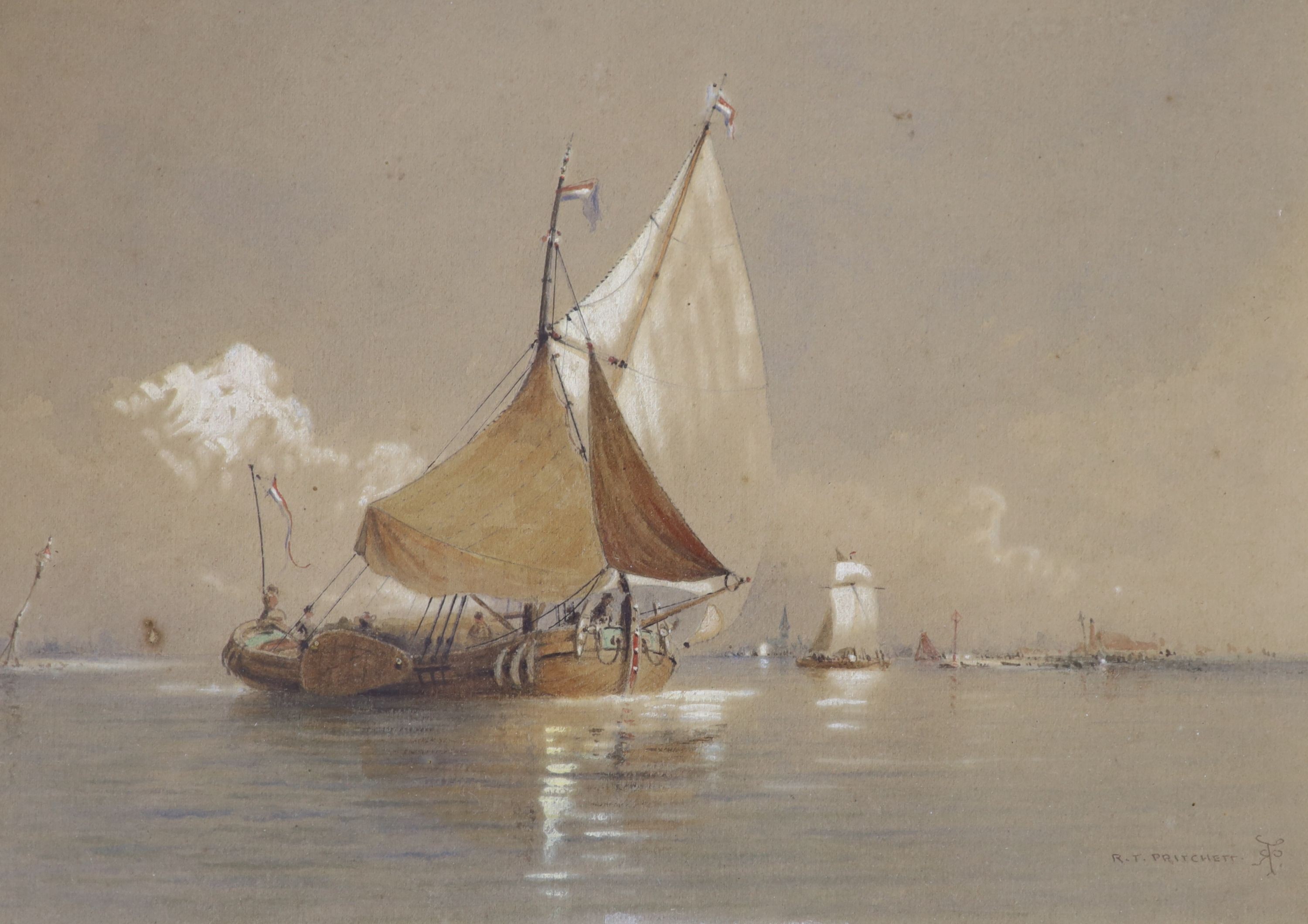 Robert Taylor Pritchett (1823-1907), watercolour, Sail barges off Venice, signed, 17 x 24cm
